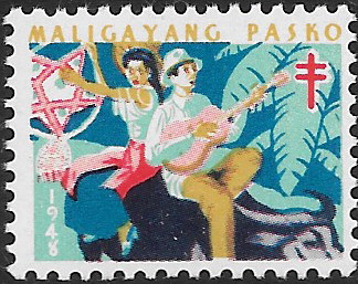 1948 Christmas with man and woman riding carabao