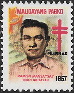 1957 Chritsmas seal featuring Ramon Magsaysay