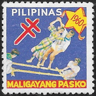 1960 Christmas Seal with image of people playing traditional game