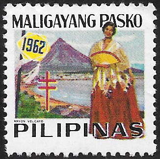 1962 Christmas Seal with woman in traditional dress with Mt Mayon in the background
