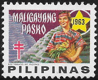 1963 Christmas Seal with woman in traditional dress in front of rice terraces