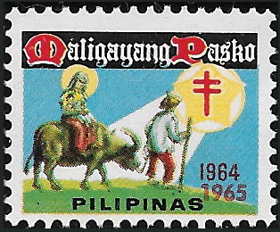 1965 Christmas seal with man leading woman on carabao towards shining star in sky
