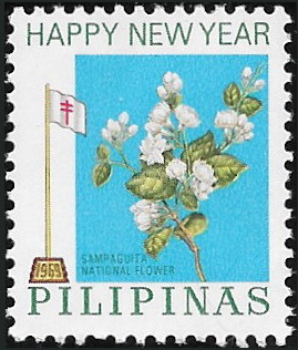 1969 Christmas seal with white flowers on orange background