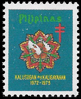 1972 Christmas seal with a large Christmas ornament in the centre on a green background.