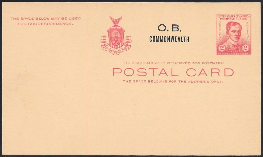 1938 UZ3 "2c Rizal in Red" O.B. Commonwealth overprint Postcard